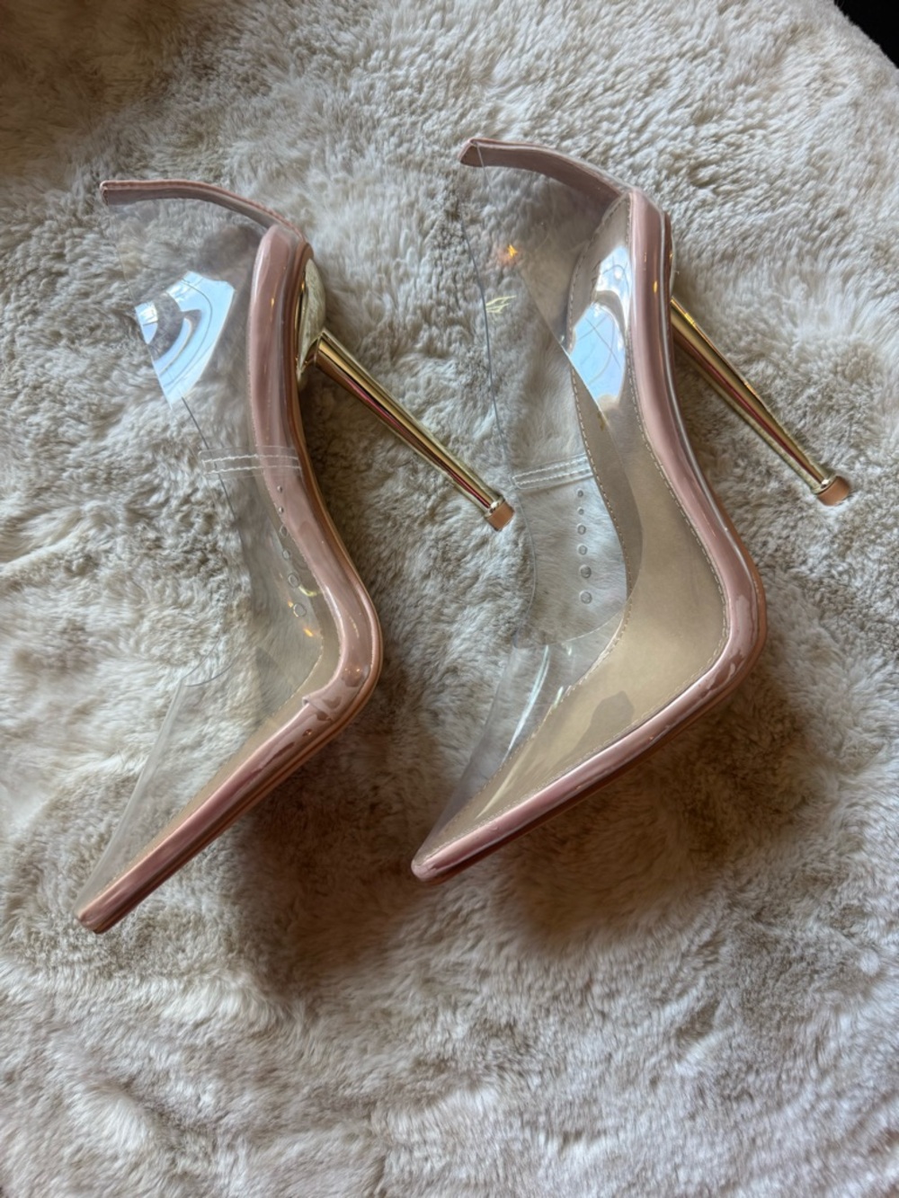 Fashion Nova Clear Pointed PVC Heels with Blush Trim and Gold Stiletto